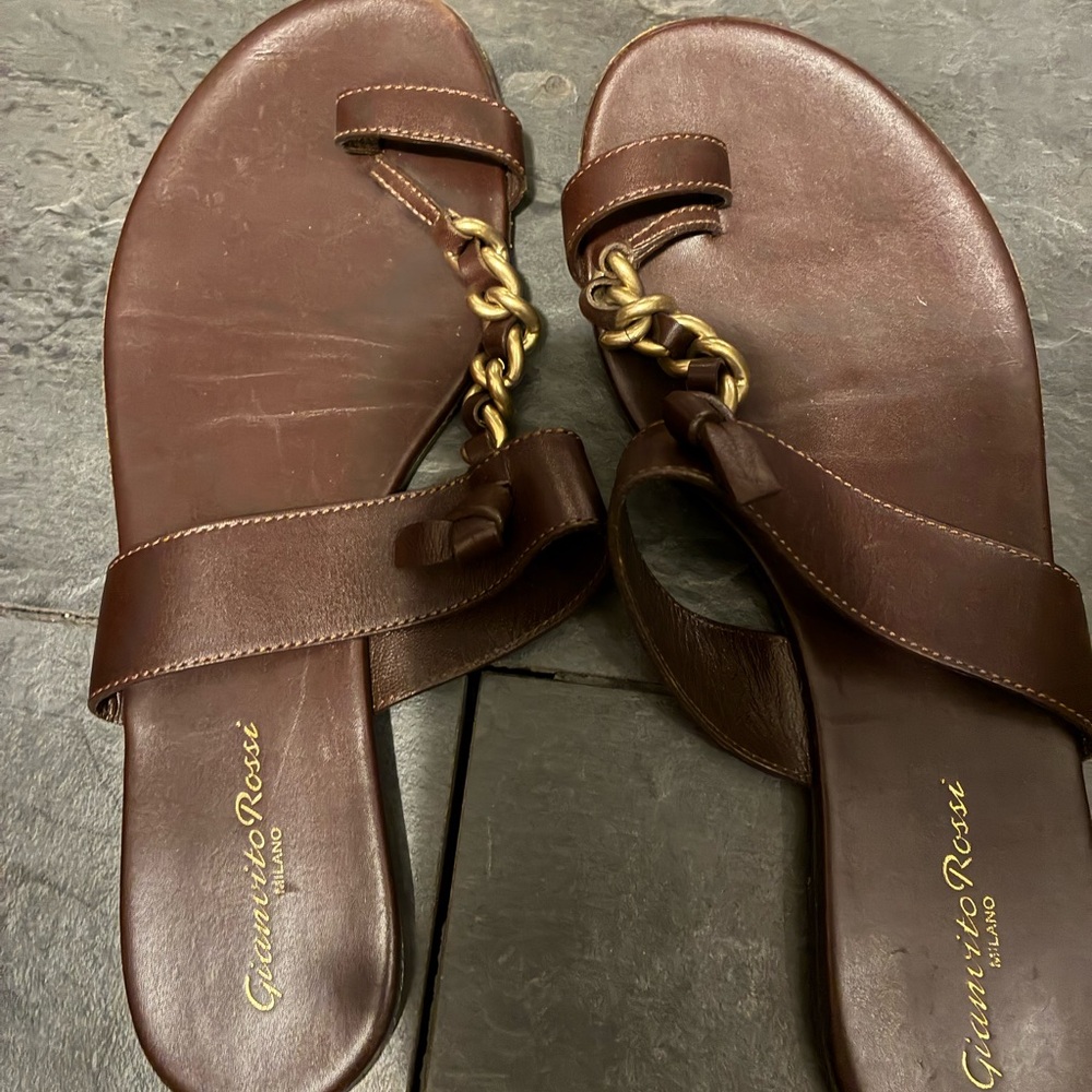 Gianvito Rossi Dark Brown Sandals with Gold Chain Accent